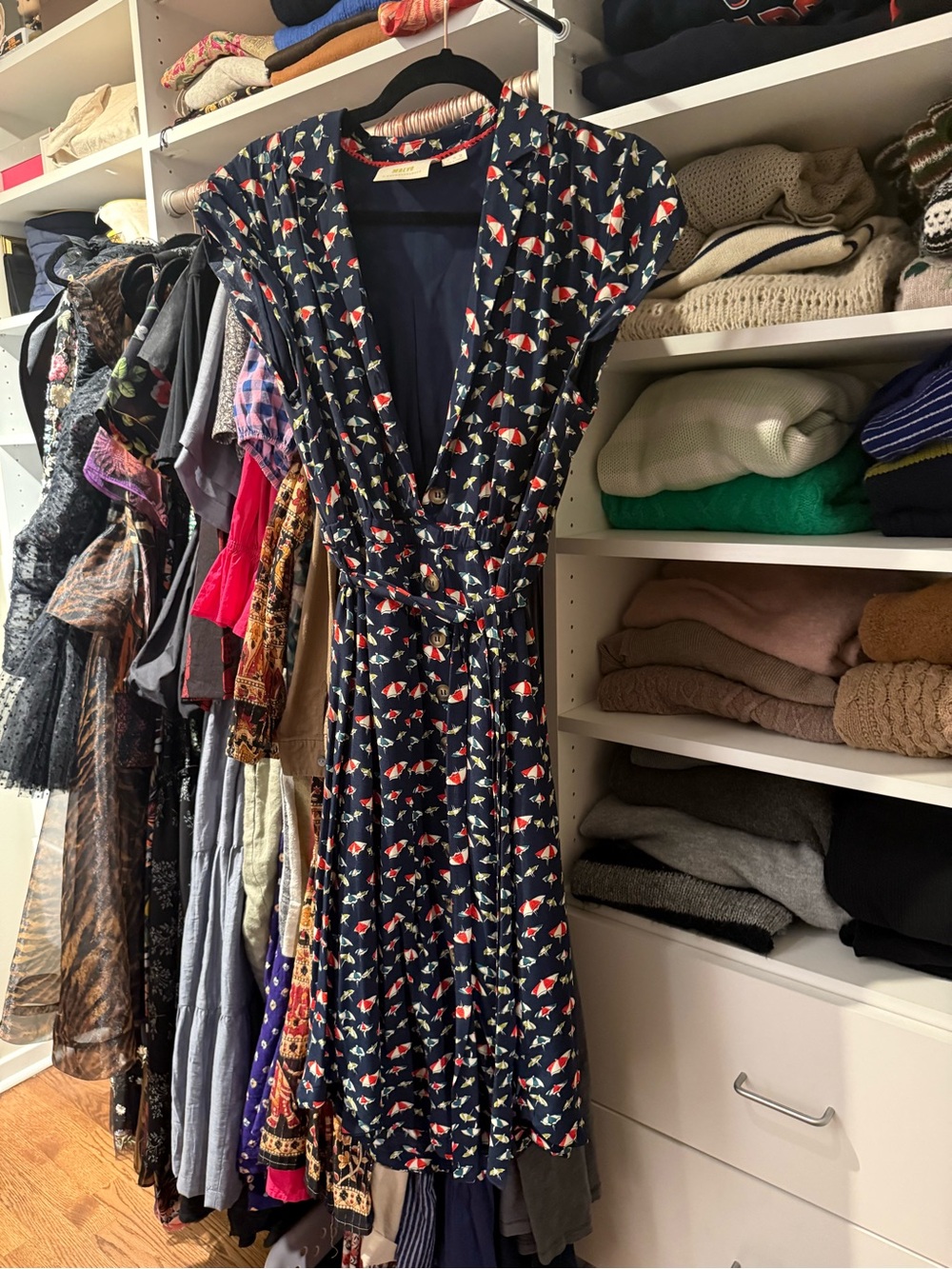 Anthropologie Navy Floral-Print Wrap Dress with Tie